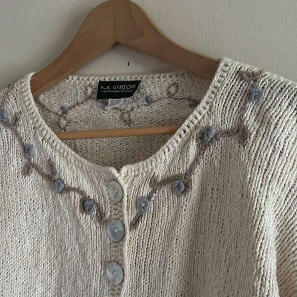 Vtg M. Gibson Peruvian Cream 100% Cotton Embroidered Cardigann Outlander - Picture 6 of 13